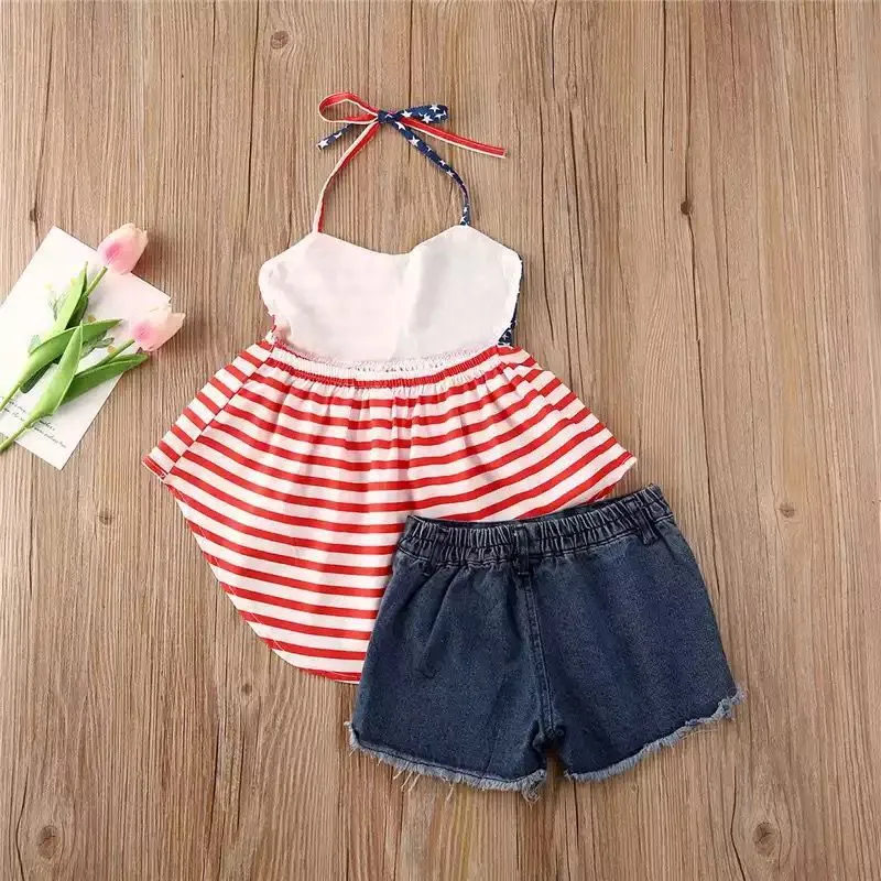 2 PCS Baby Girls Outfit Halter Tops Denim Shorts July 4th Clothes