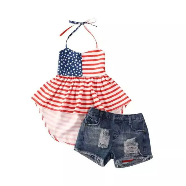 2 PCS Baby Girls Outfit Halter Tops Denim Shorts July 4th Clothes