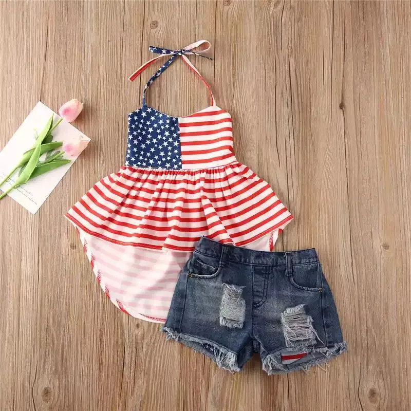 2 PCS Baby Girls Outfit Halter Tops Denim Shorts July 4th Clothes