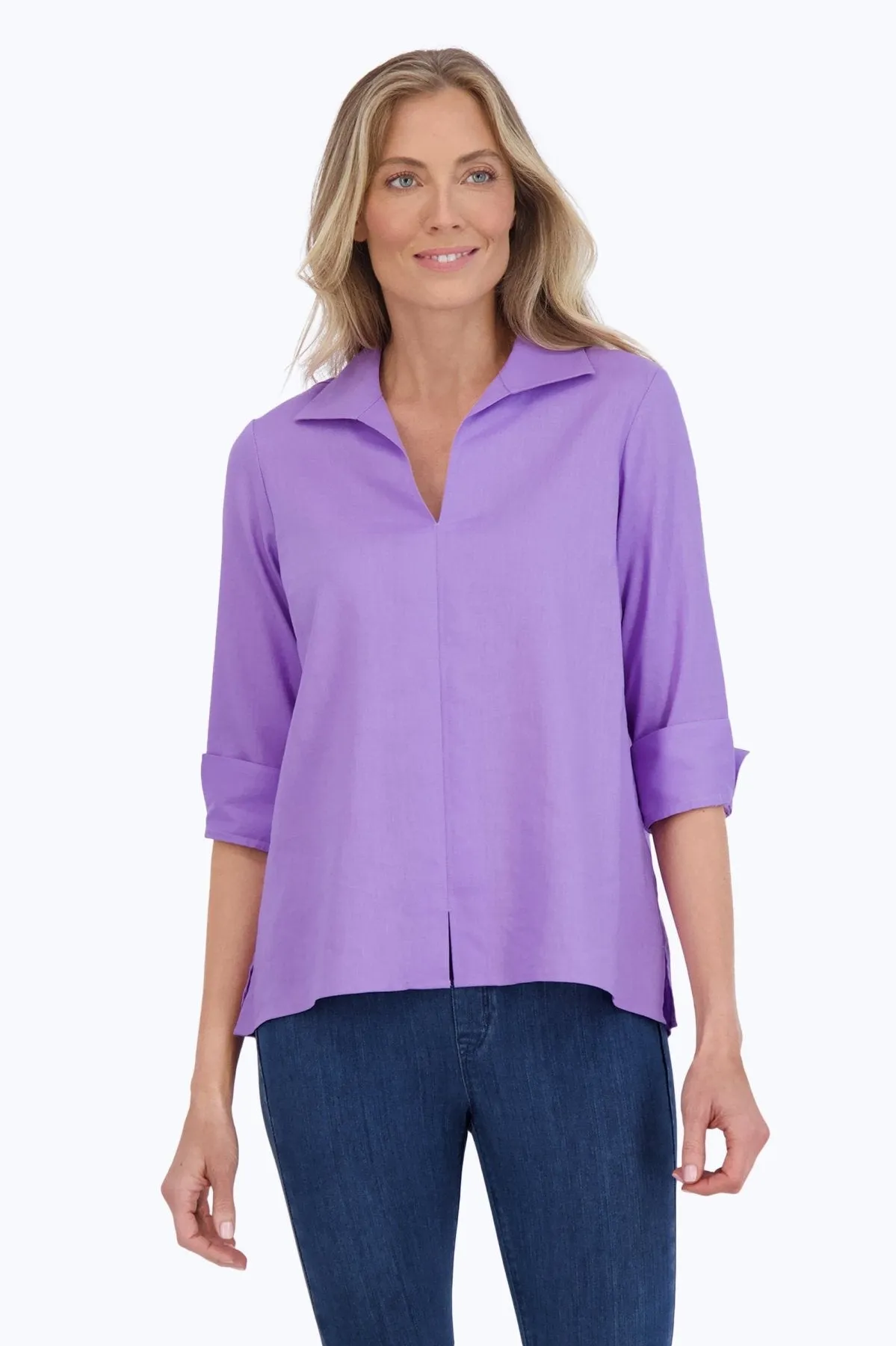 Agnes Easy Care Solid Linen 3/4 Sleeve Popover Shirt