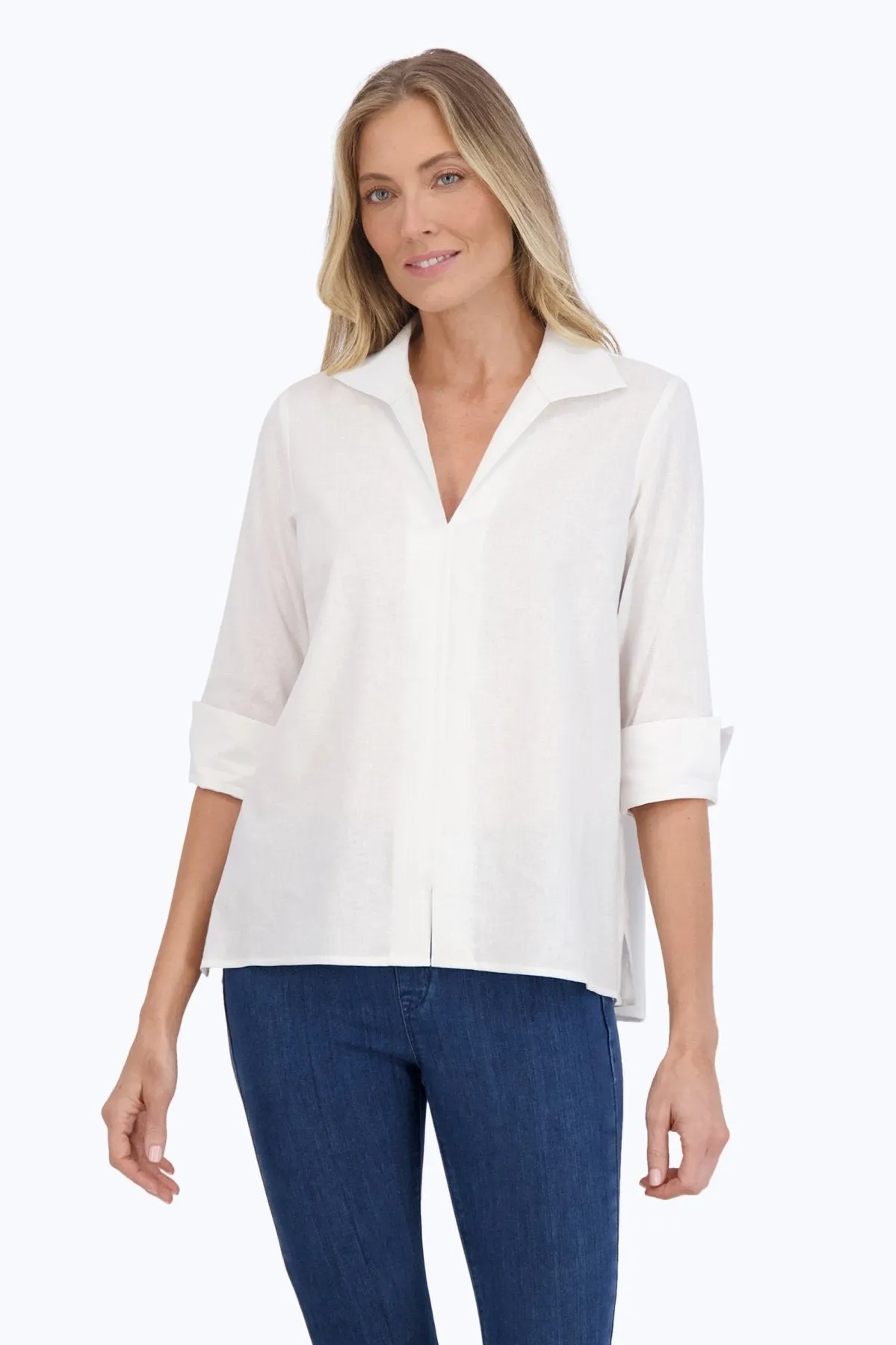 Agnes Easy Care Solid Linen 3/4 Sleeve Popover Shirt