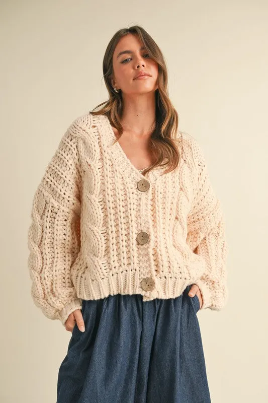 Aspen Long Sleeve Chunky Knit Cardigan Taupe