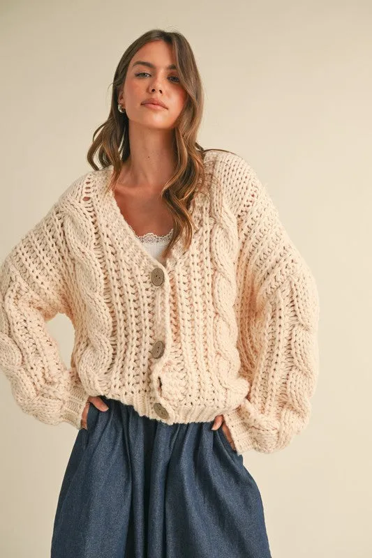 Aspen Long Sleeve Chunky Knit Cardigan Taupe