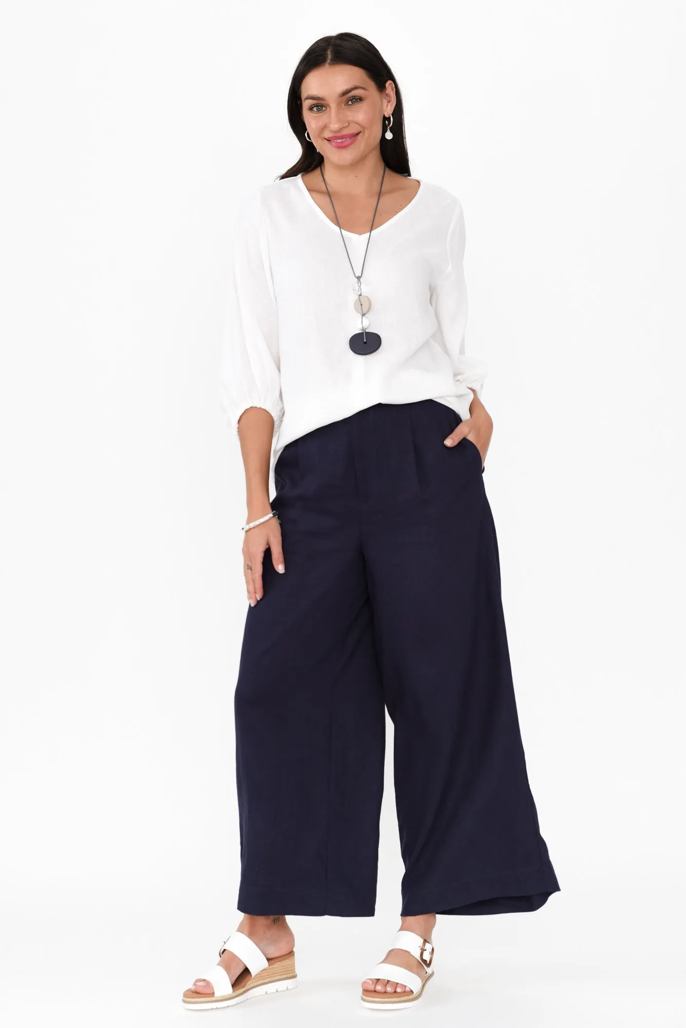 Aspen Navy Linen Blend Wide Leg Pants