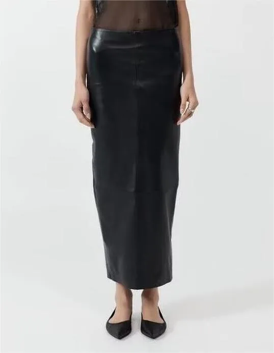 Autumn Women Clothing Mid Length Back Slit Faux Leather Skirt