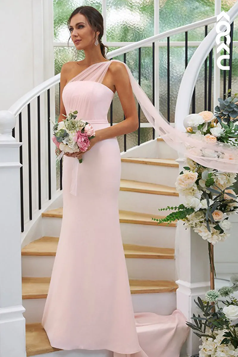 B4035 - One Shoulder Satin Sheath Long Bridesmaid Dress With Tulle Shawl