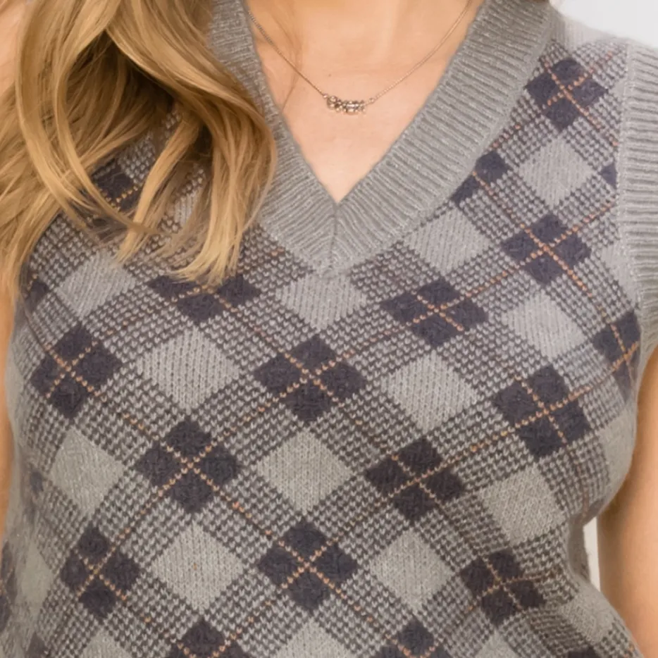 Basics Alive Argyle Pattern Gray Sweater Vest