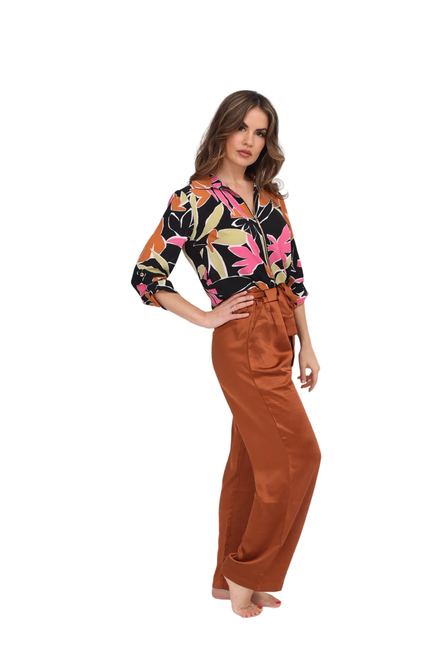 Belted Satin Wide Leg Pant - Rust