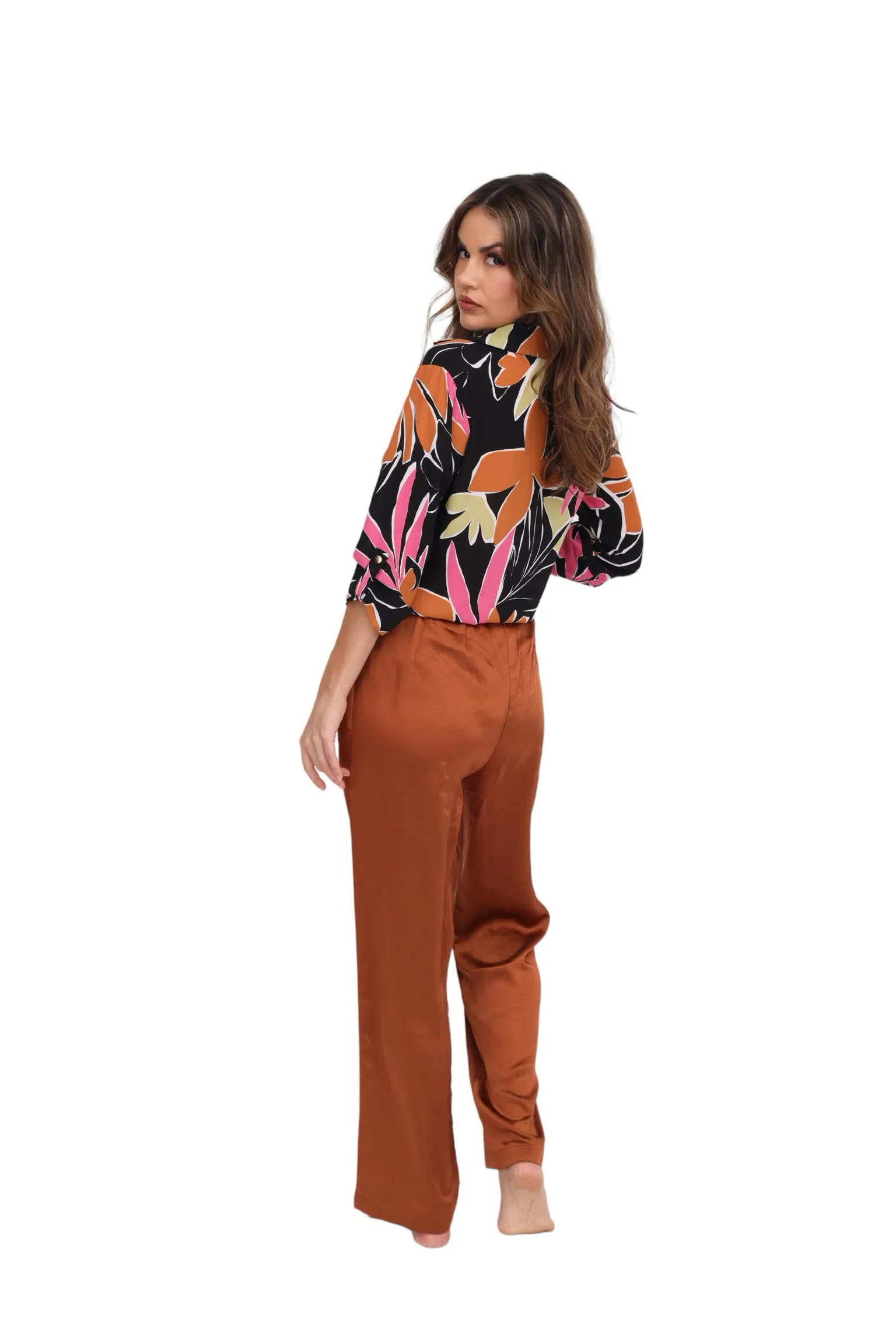 Belted Satin Wide Leg Pant - Rust