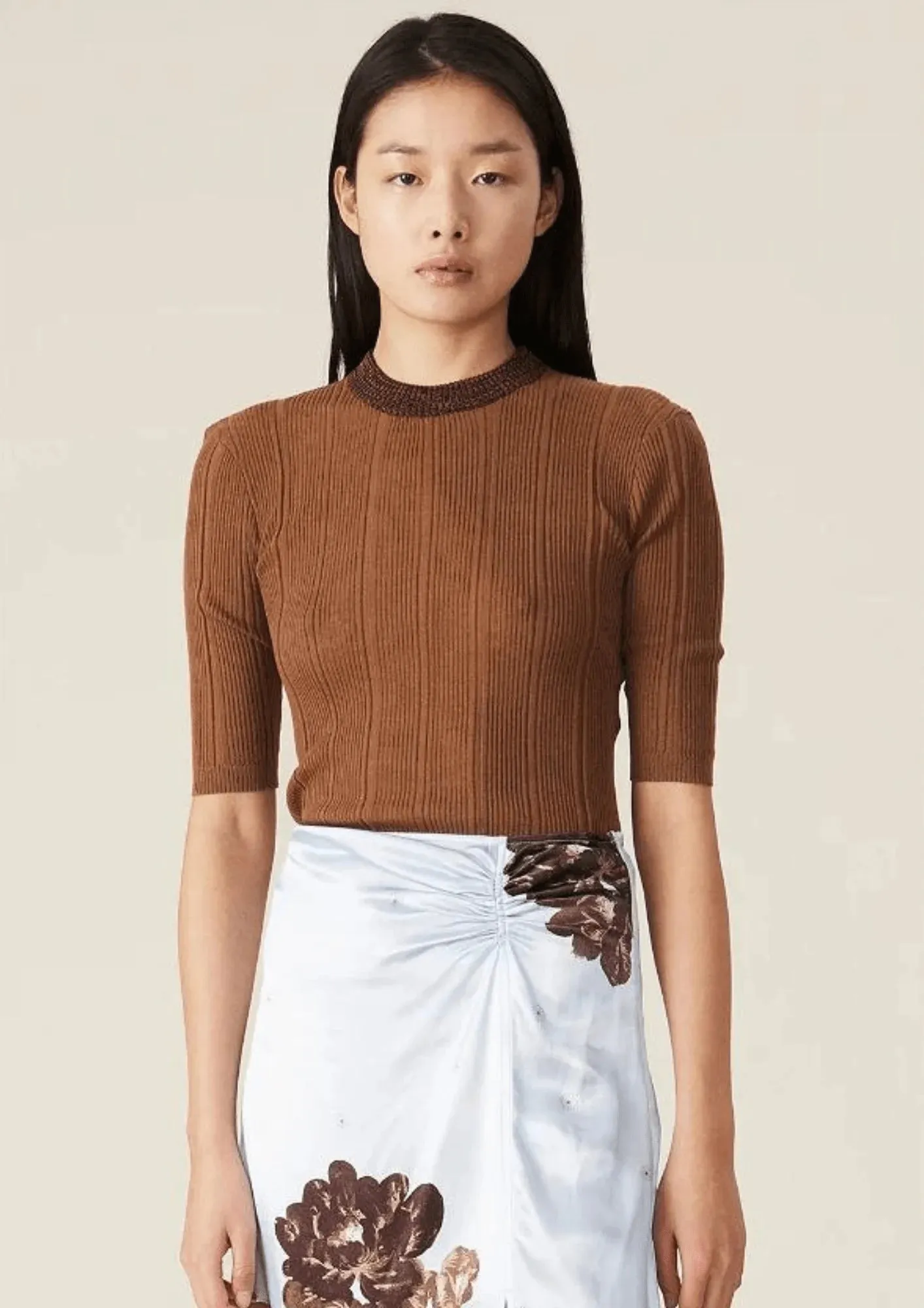 BROWN THIN COTTON RIB T-SHIRT