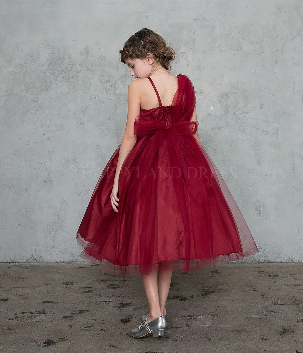 Burgundy Draped Shoulder with Rhinestone Tulle Dress #212760