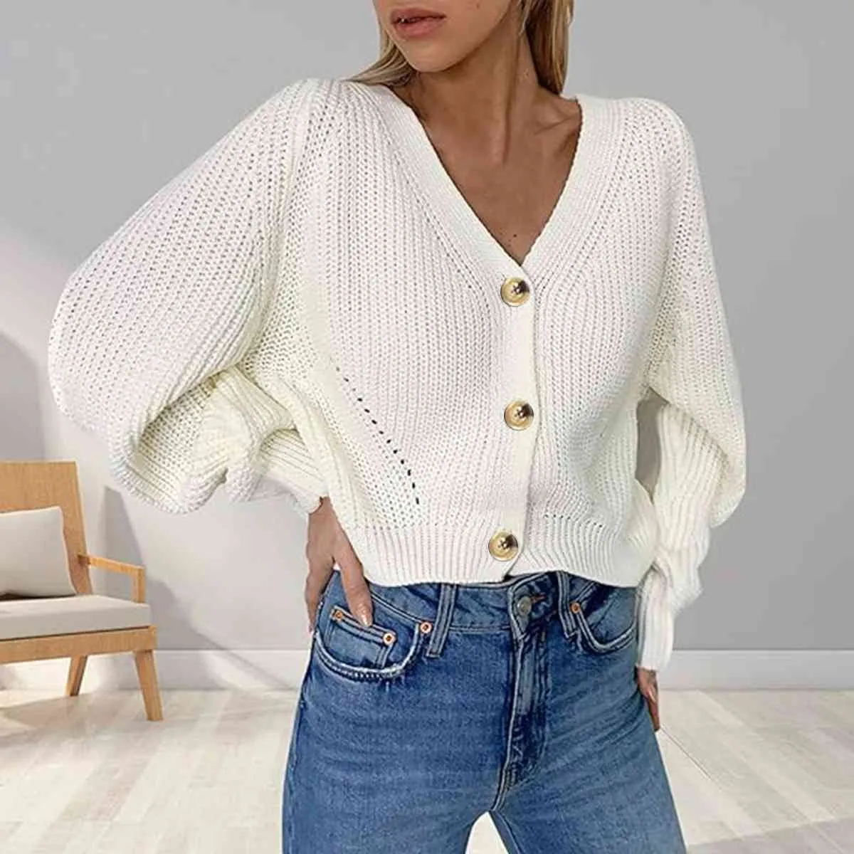 Button Up V-Neck Long Sleeve Cardigan