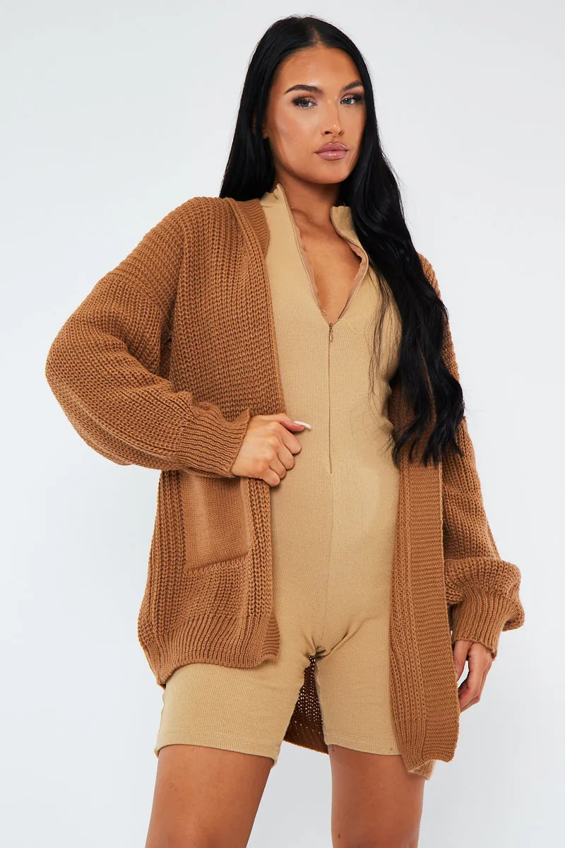 Camel Relaxed Fit Front Pockets Cardigan - Joelle