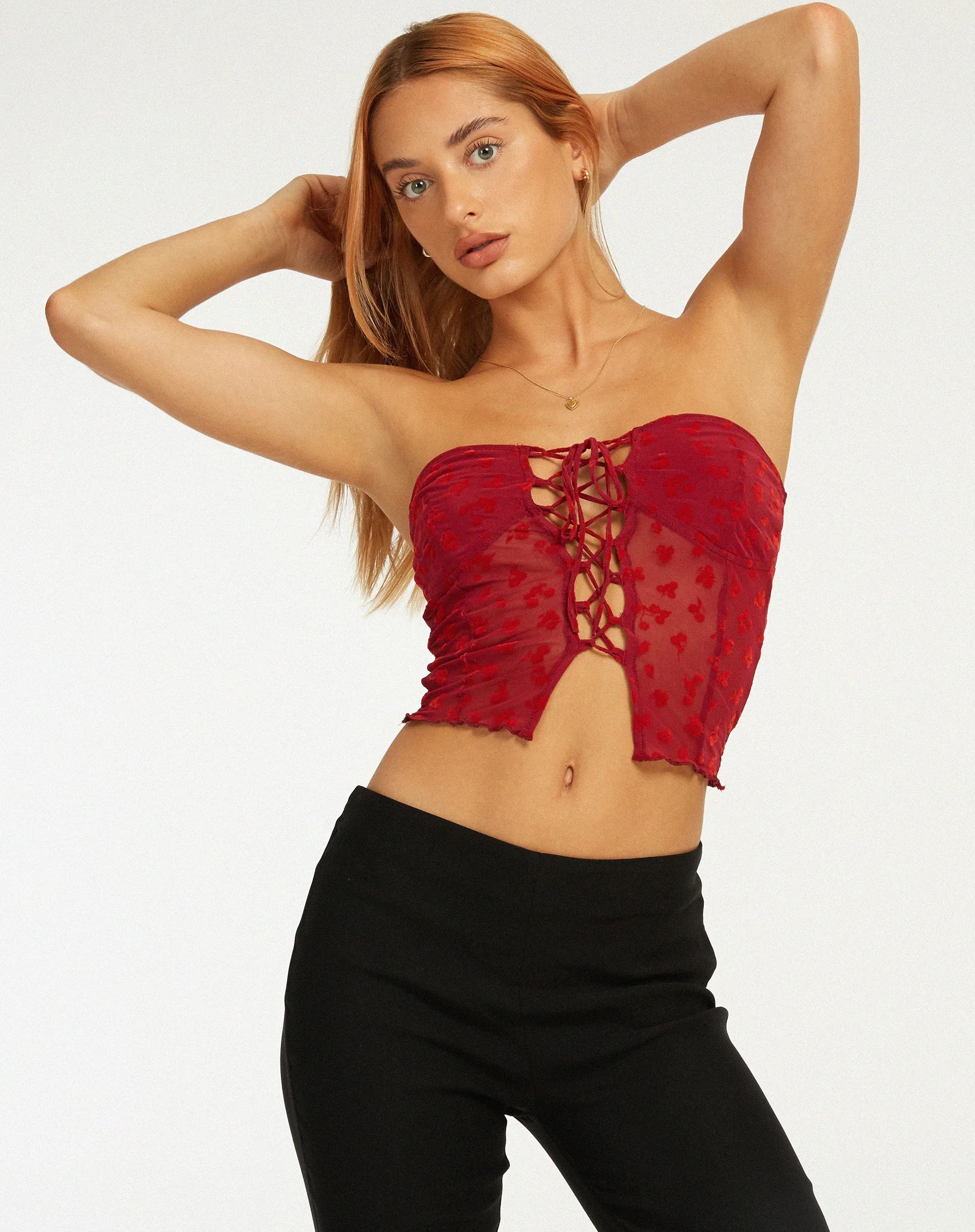 Claryn Corset Top in Red Flock Mesh