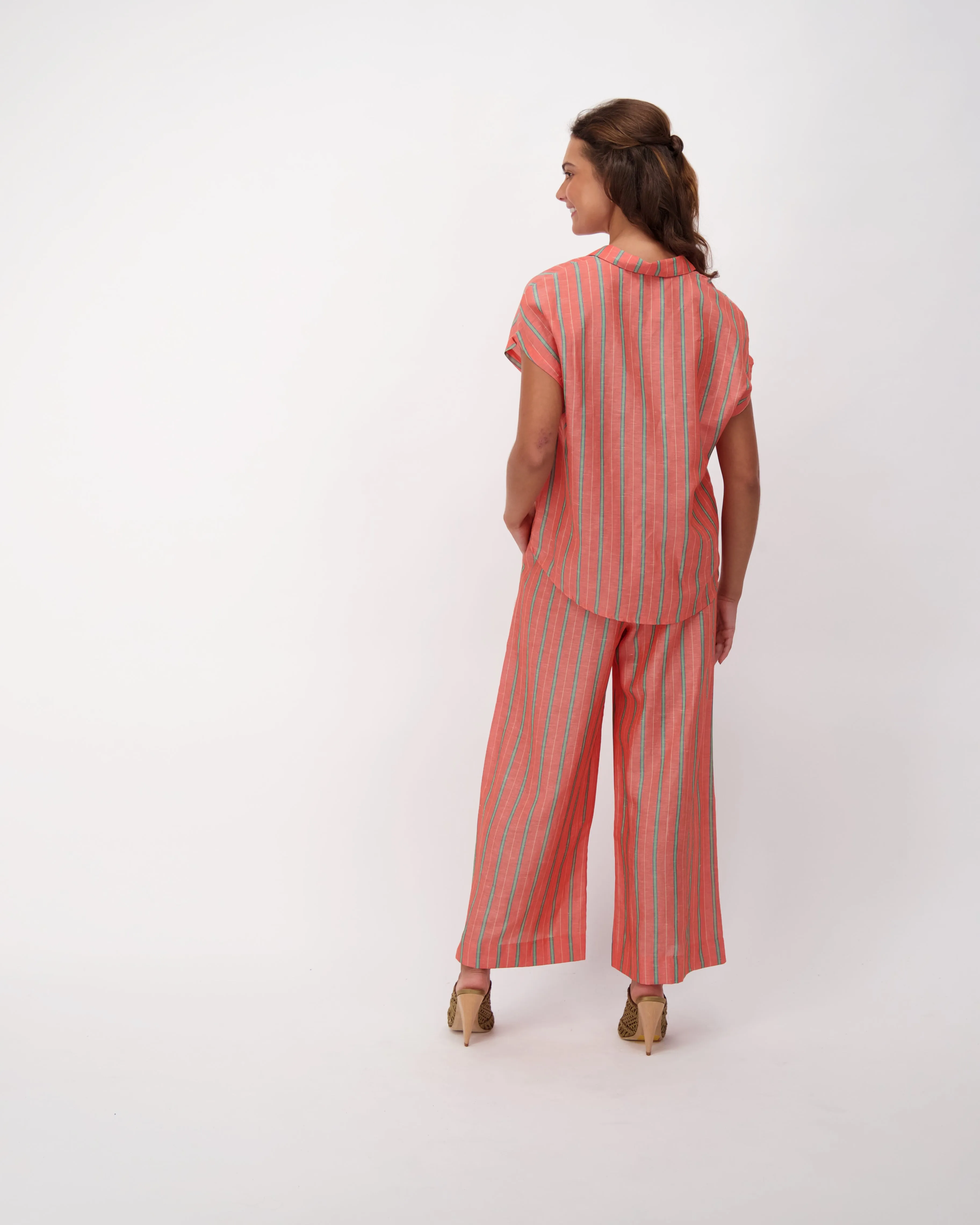 Coral Linen Blend Wide Leg Pull On Pants