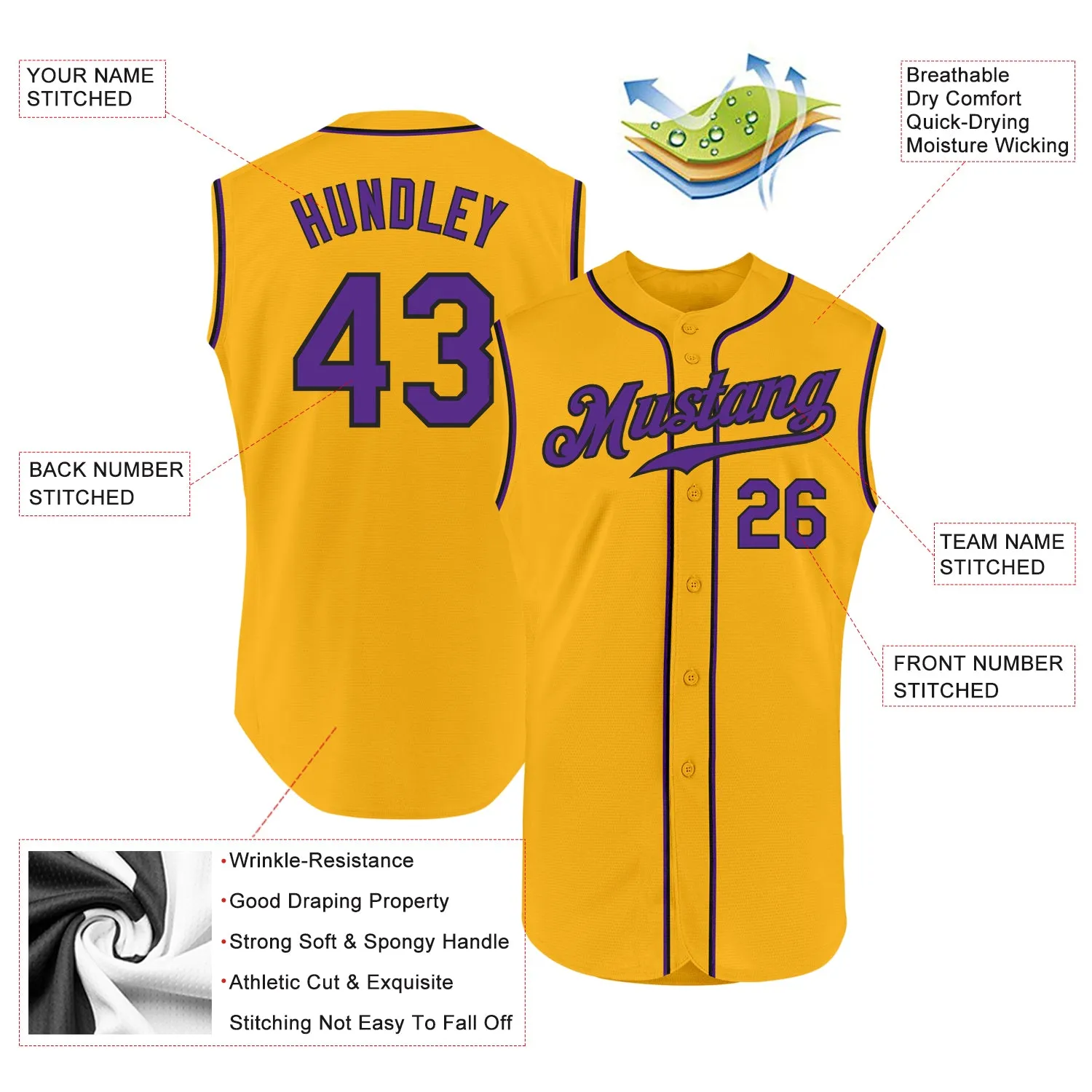 Custom Gold Purple-Black Authentic Sleeveless Baseball Jersey