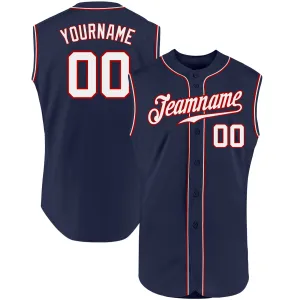 Custom Navy White-Red Authentic Sleeveless Baseball Jersey