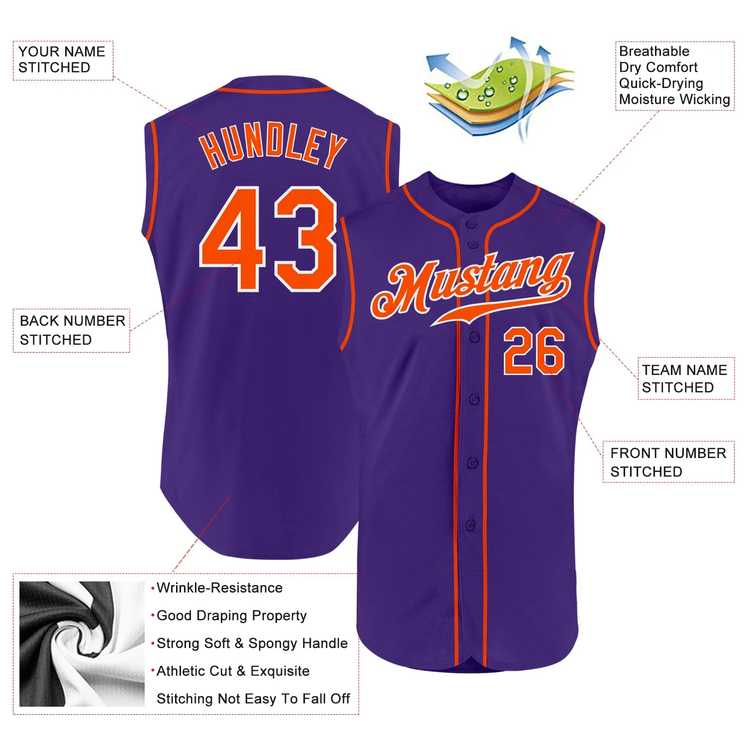 Custom Purple Orange-White Authentic Sleeveless Baseball Jersey