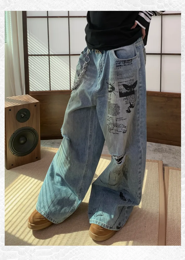 Damaged wide-leg denim pants