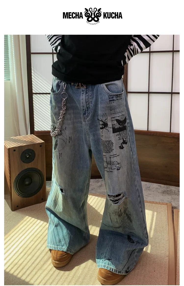 Damaged wide-leg denim pants