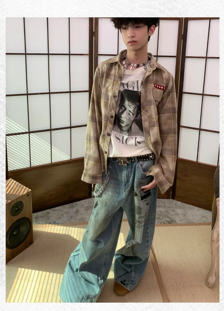 Damaged wide-leg denim pants