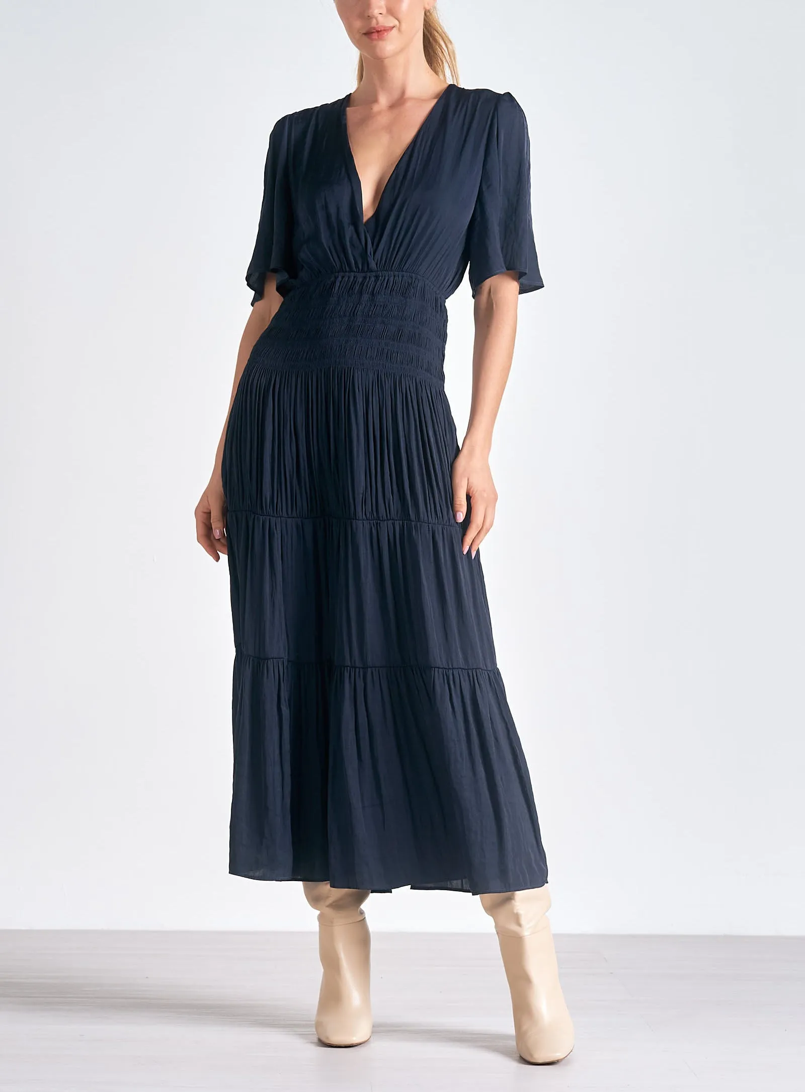 Elan V-Neck Tiered Midi Dress