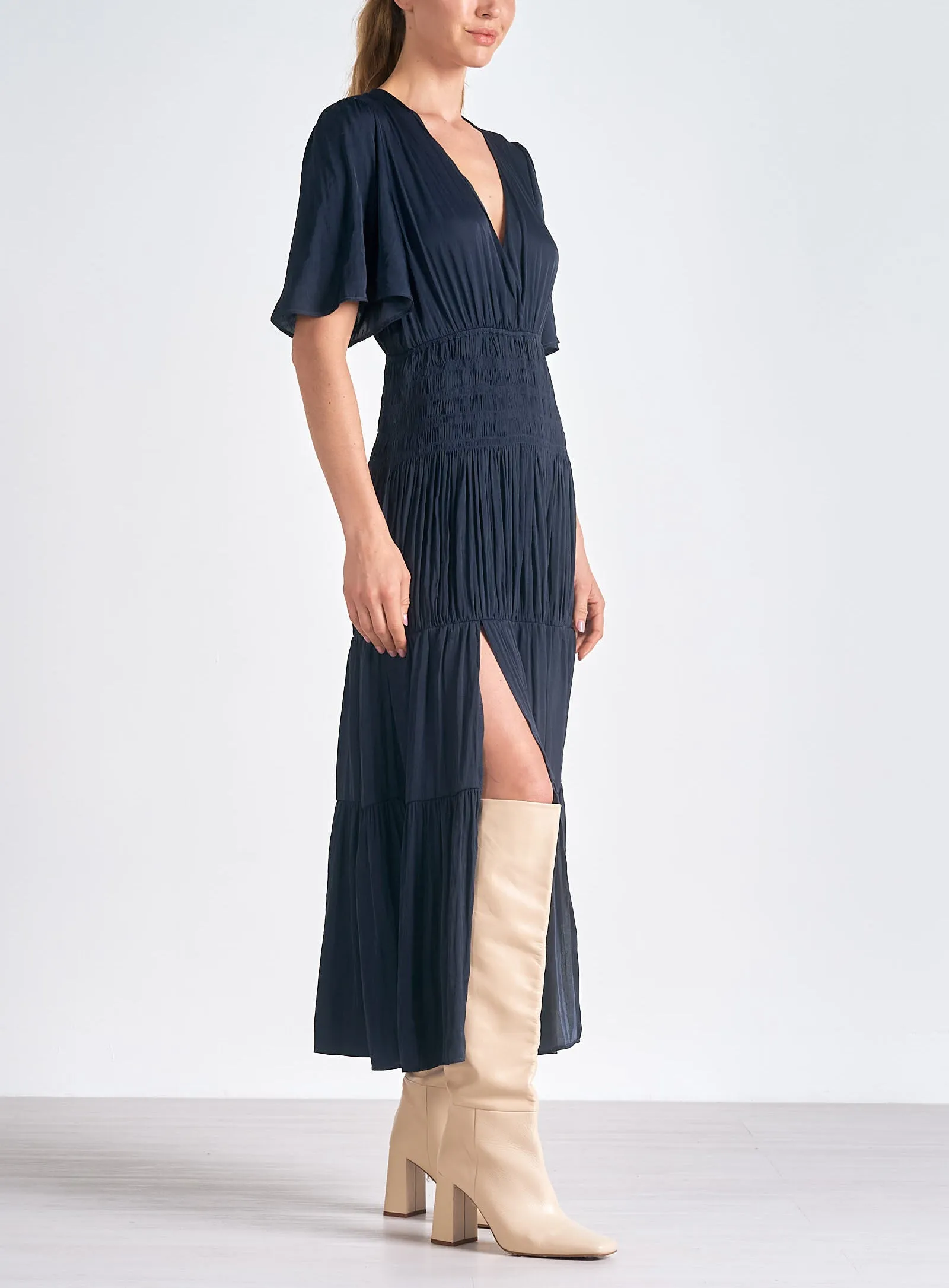 Elan V-Neck Tiered Midi Dress