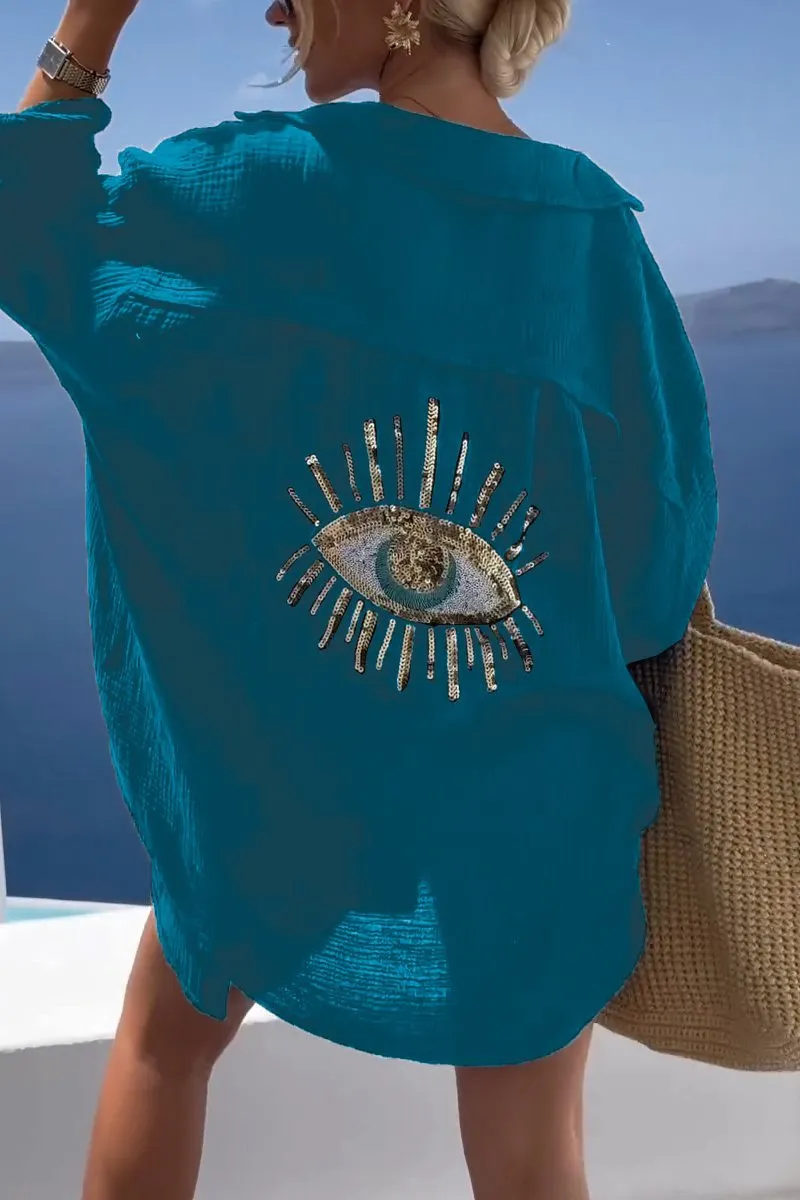 Evil Eye Casual Sequin Beaded Shirt