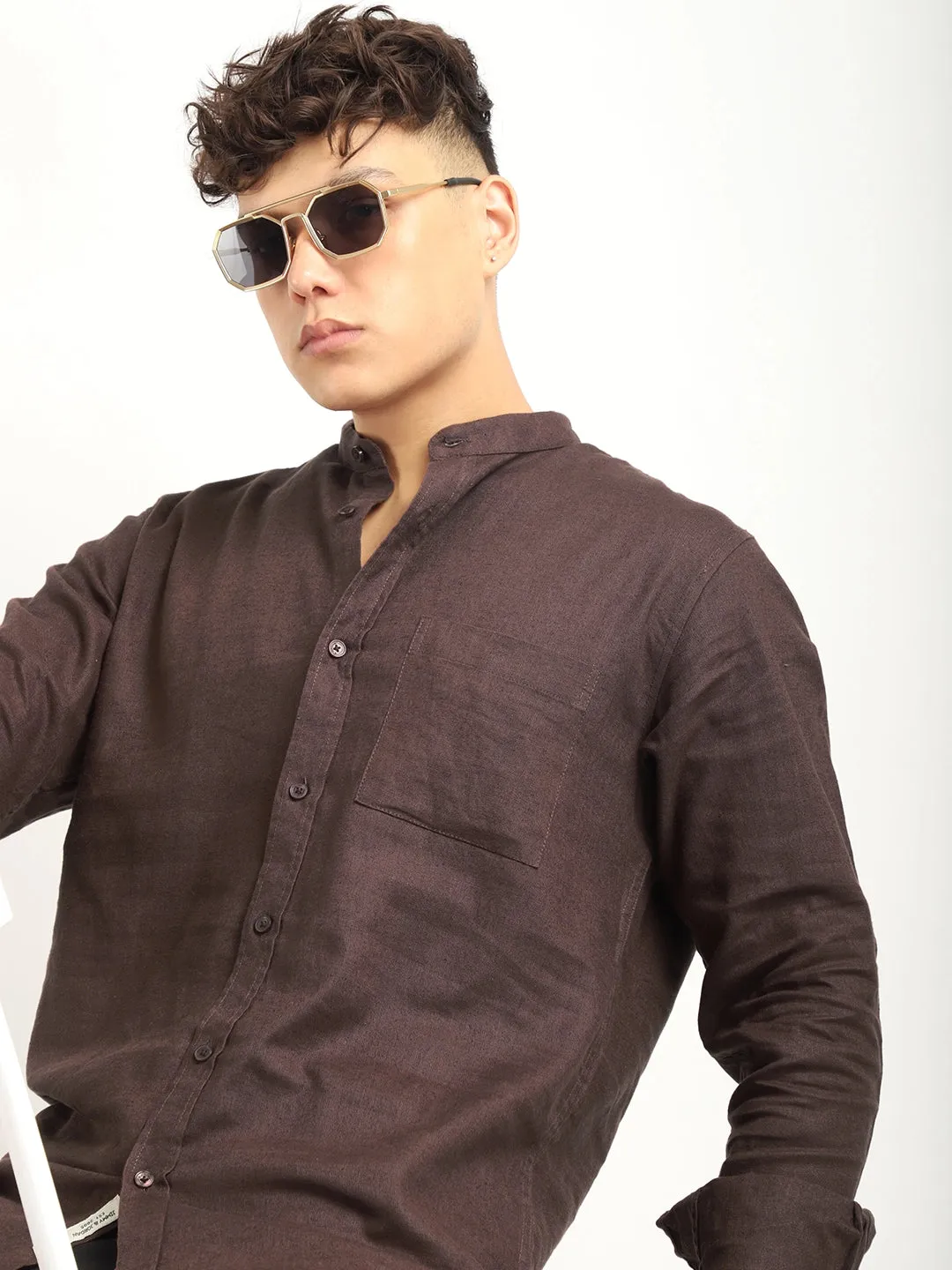 Fabric linen Blend Brown Full Sleeve Shirt