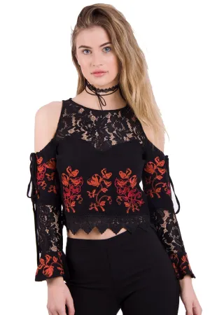 Floral Embroidered Cold Shoulder Top With Crochet Lace Hem