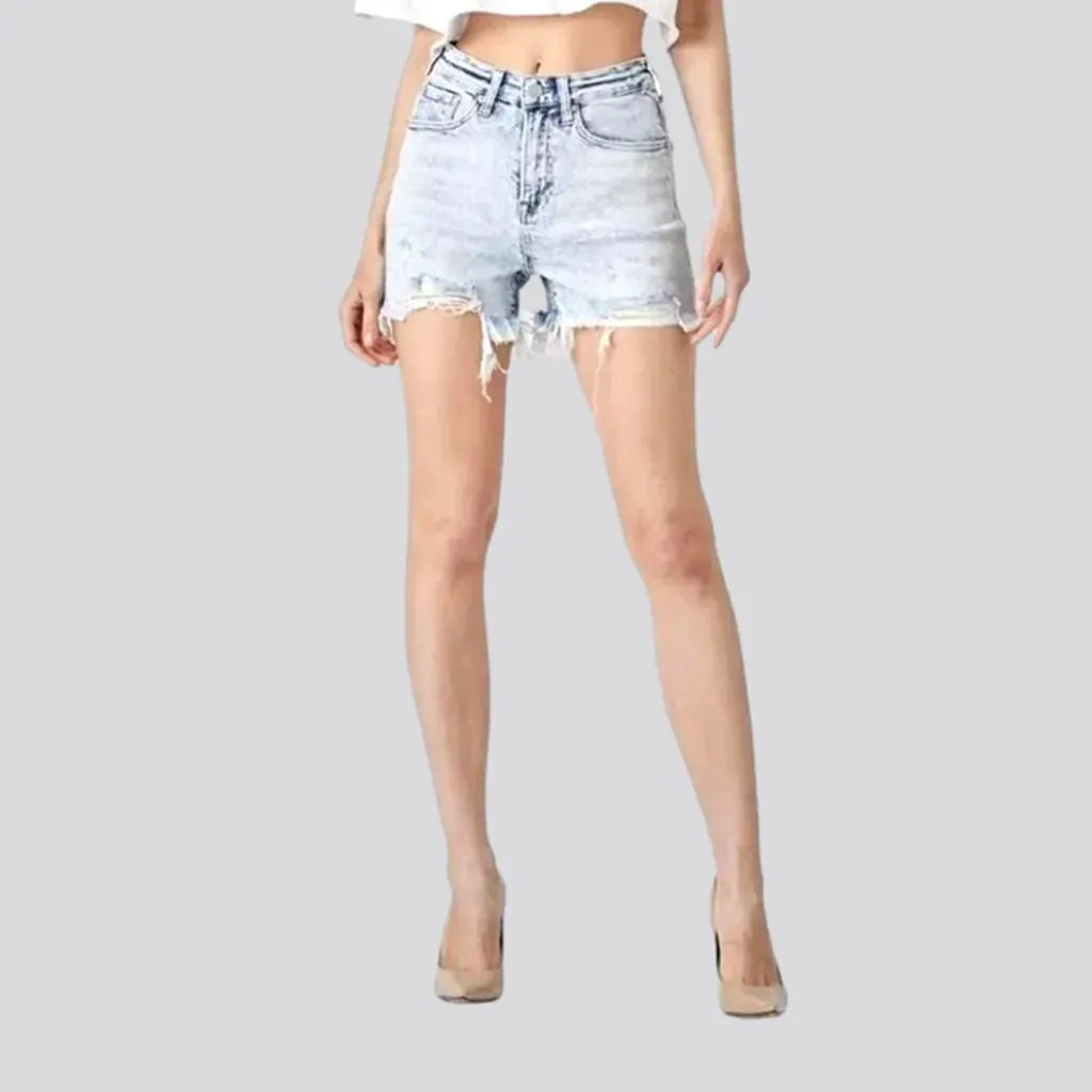 Frayed-hem ice-wash denim shorts for women