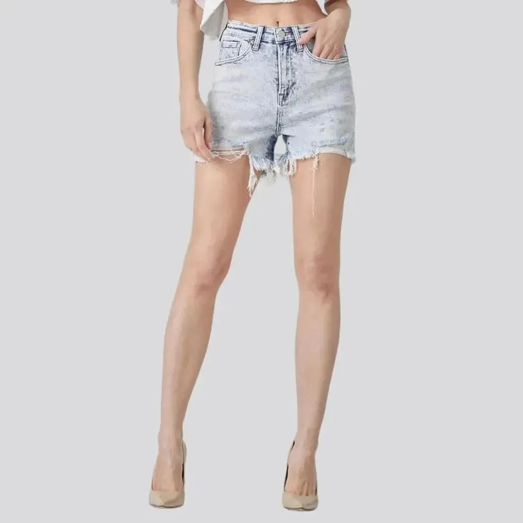 Frayed-hem ice-wash denim shorts for women