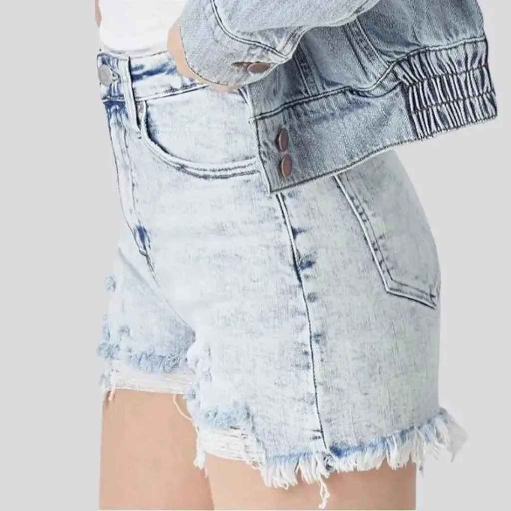 Frayed-hem ice-wash denim shorts for women