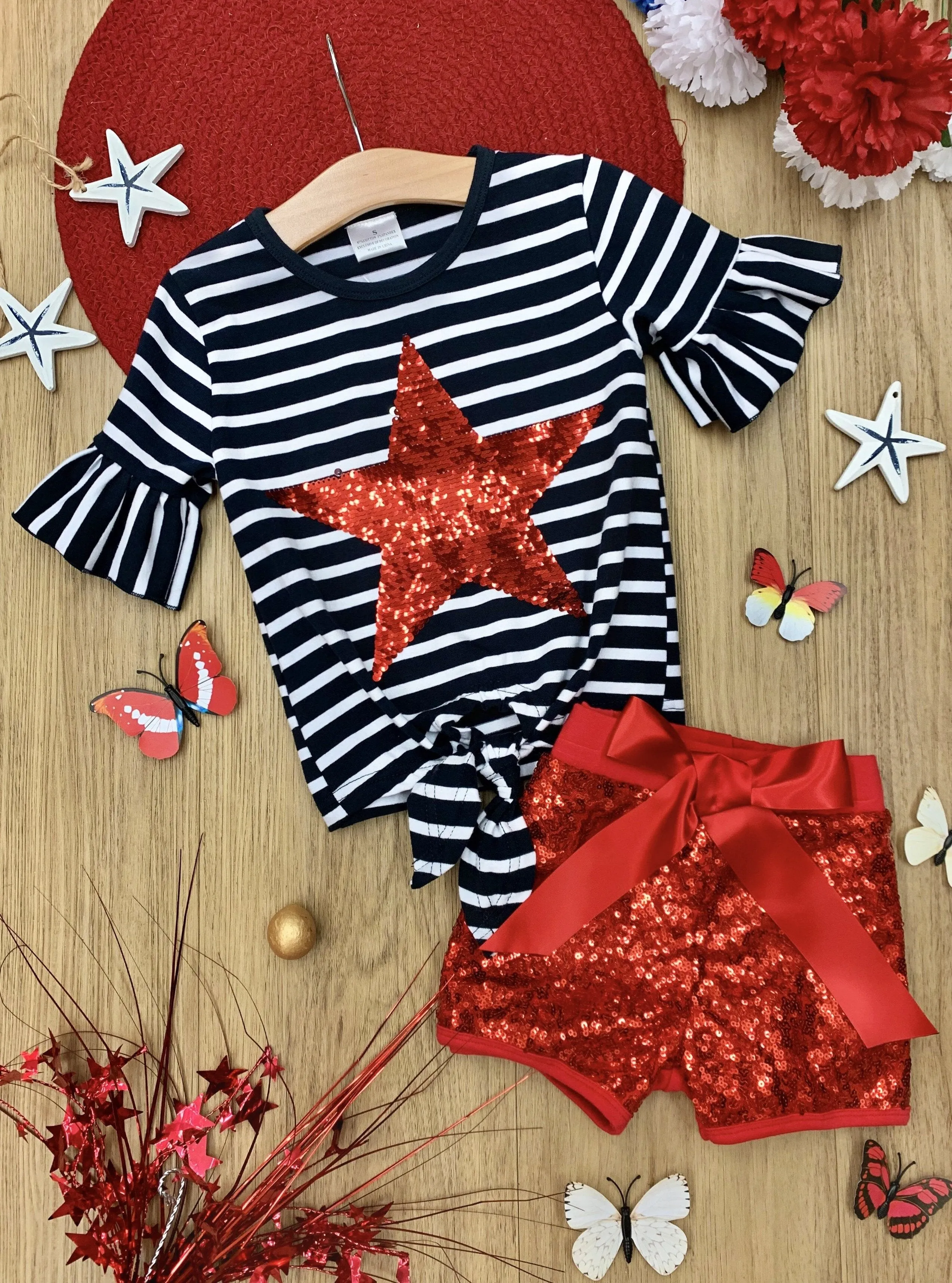 Girls Bright Red Star Top and Sequin Shorts with Sash Set