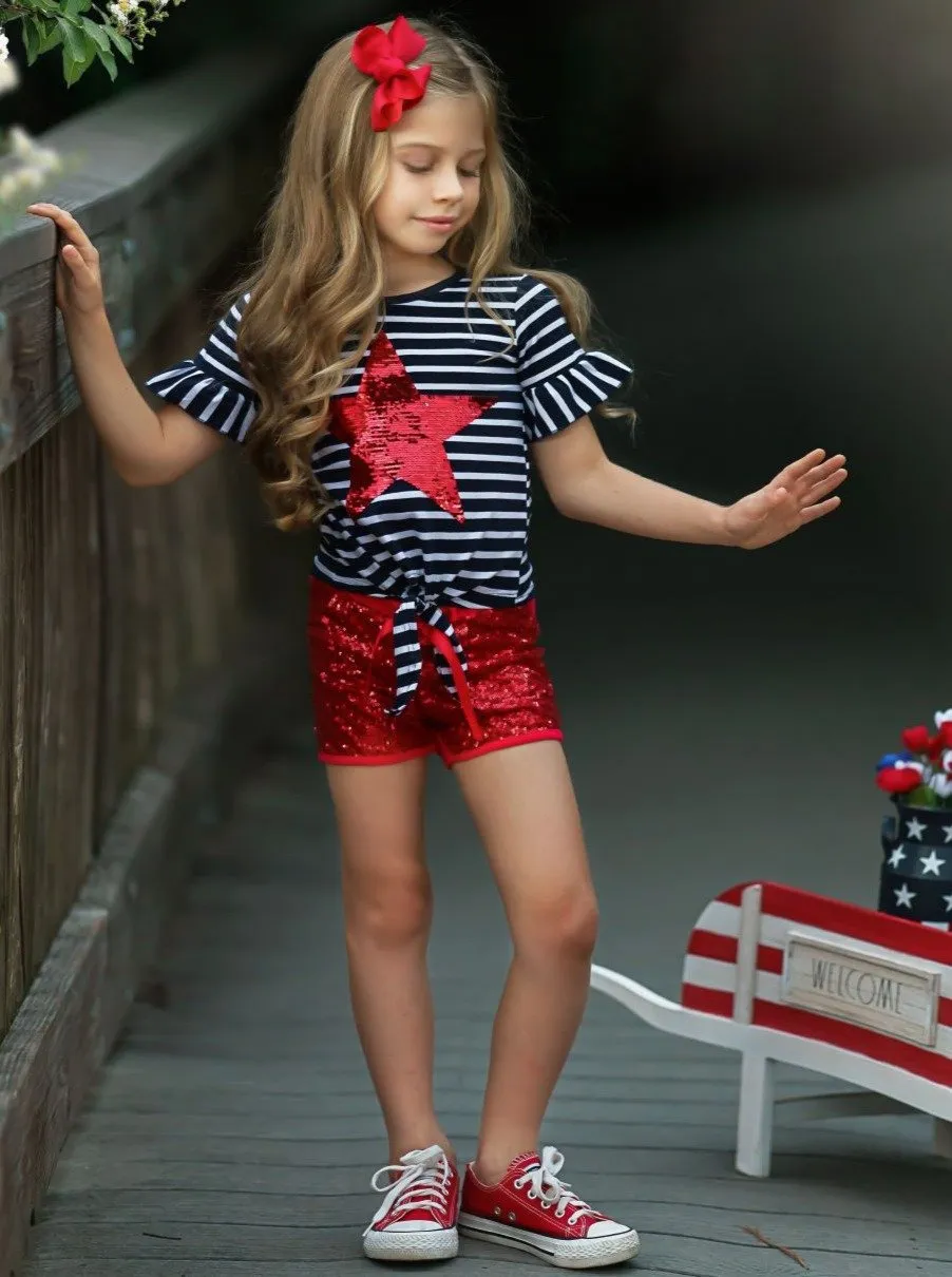 Girls Bright Red Star Top and Sequin Shorts with Sash Set