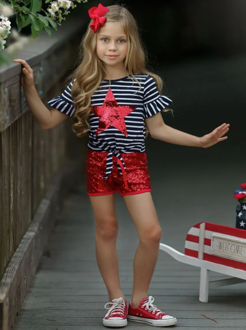 Girls Bright Red Star Top and Sequin Shorts with Sash Set