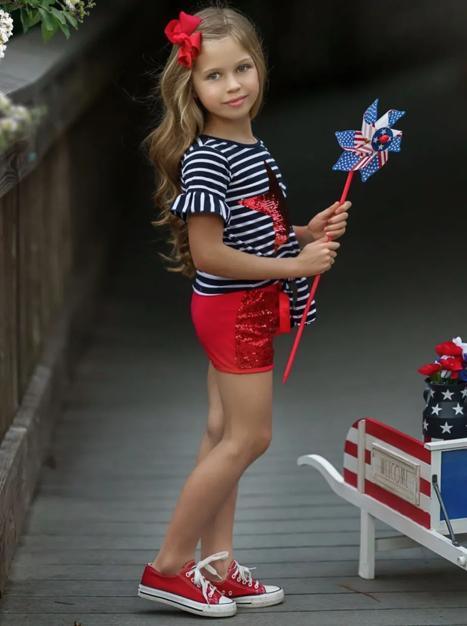 Girls Bright Red Star Top and Sequin Shorts with Sash Set