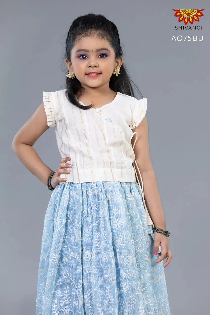 Girls Half-White Kota Creeper pattu  Pavadai