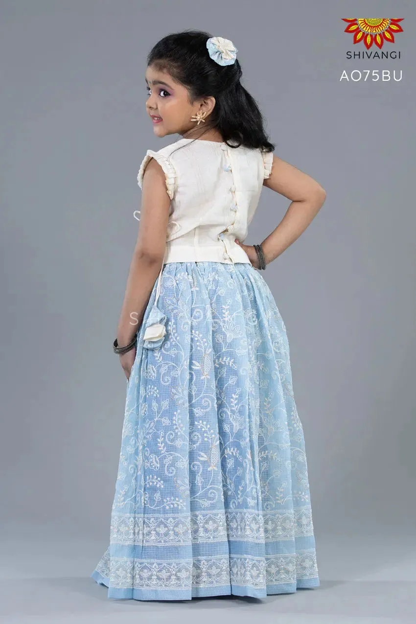 Girls Half-White Kota Creeper pattu  Pavadai