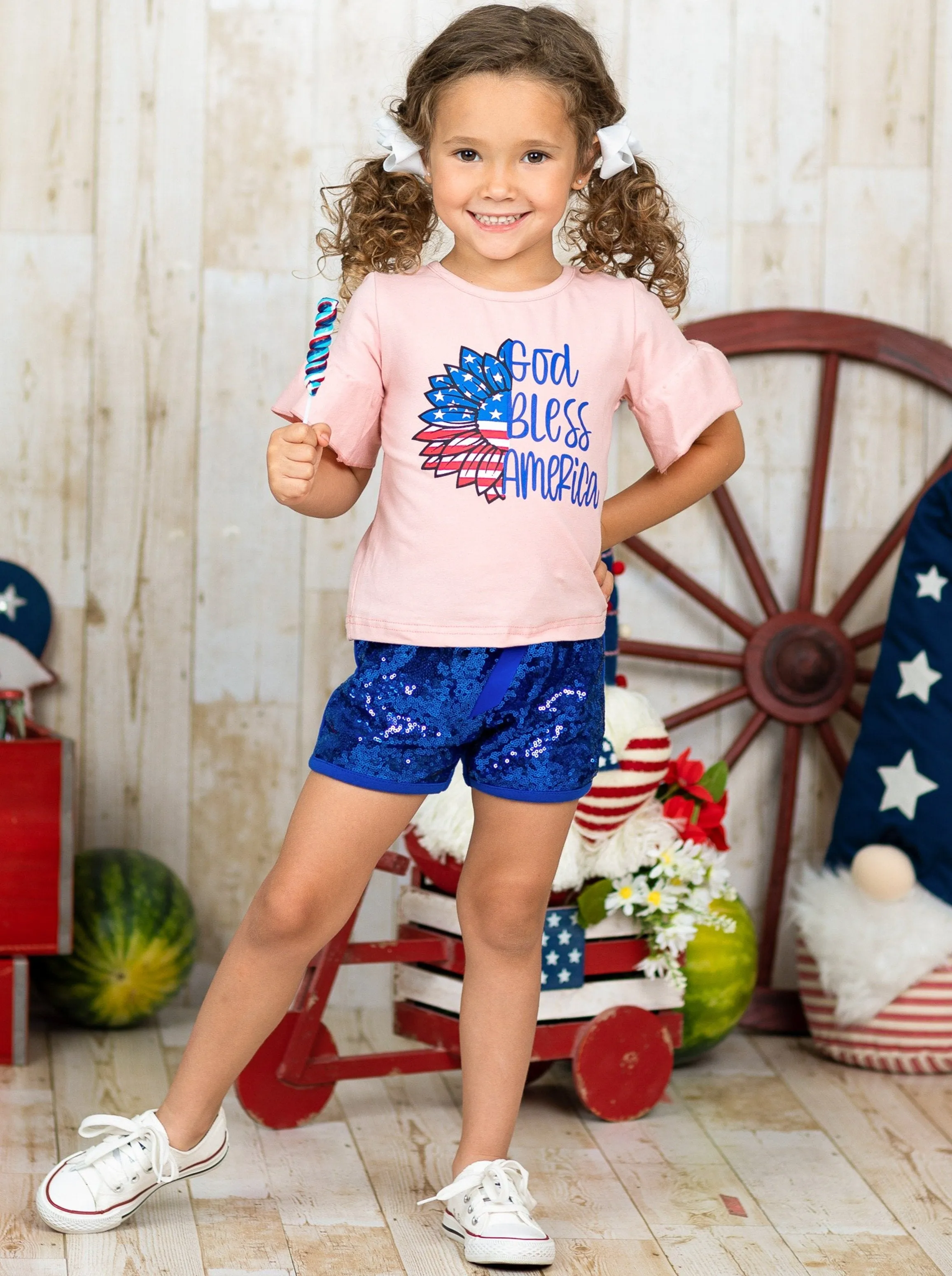 Girls "God Bless America" Top and Sequin Shorts with Sash Set