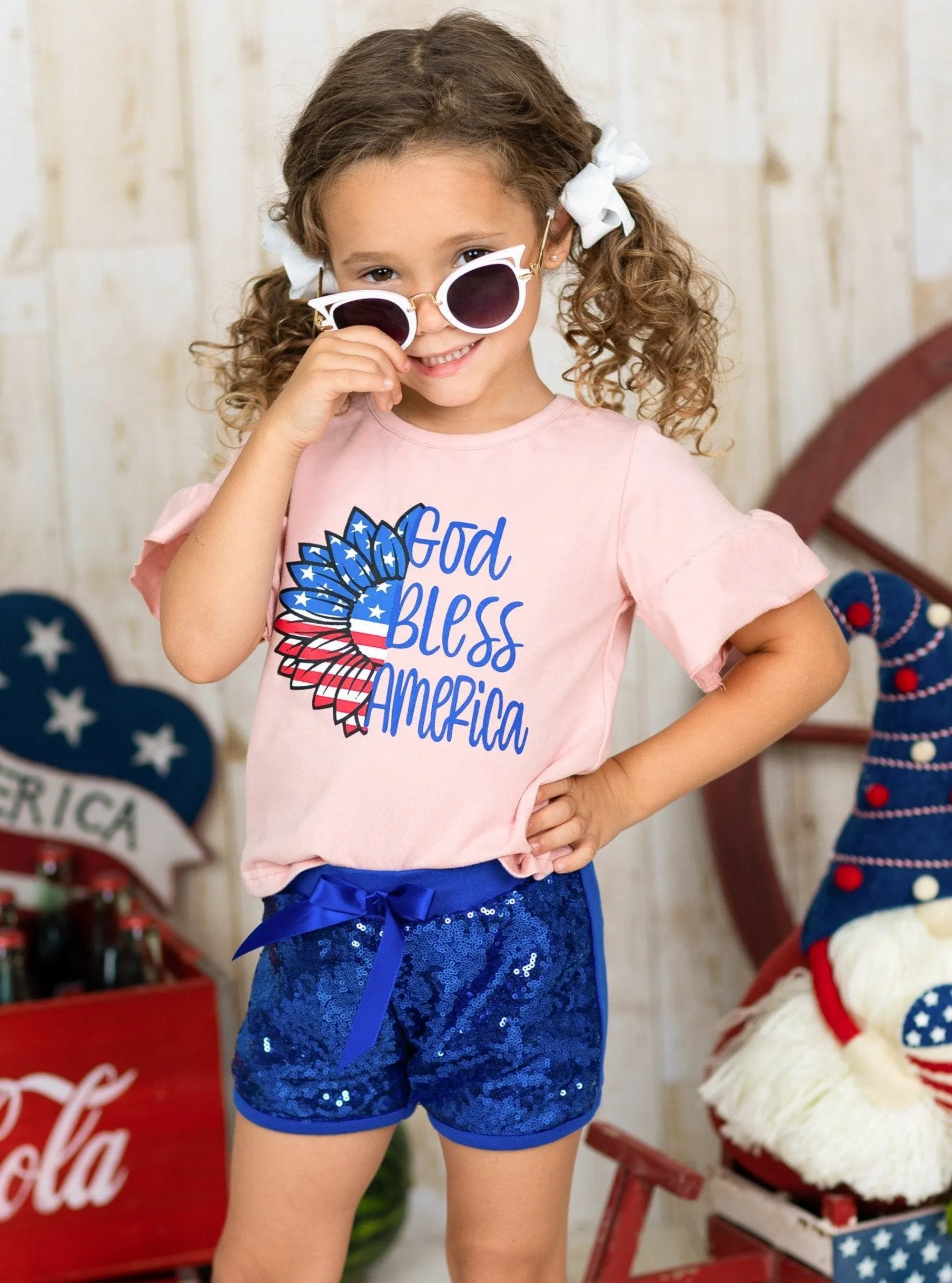 Girls "God Bless America" Top and Sequin Shorts with Sash Set