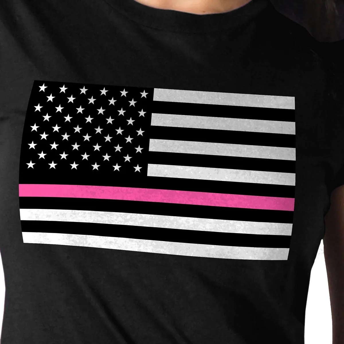 Hot Leathers GLR1515 Ladies Full Cut Thin Pink Line American Flag Black T-Shirt