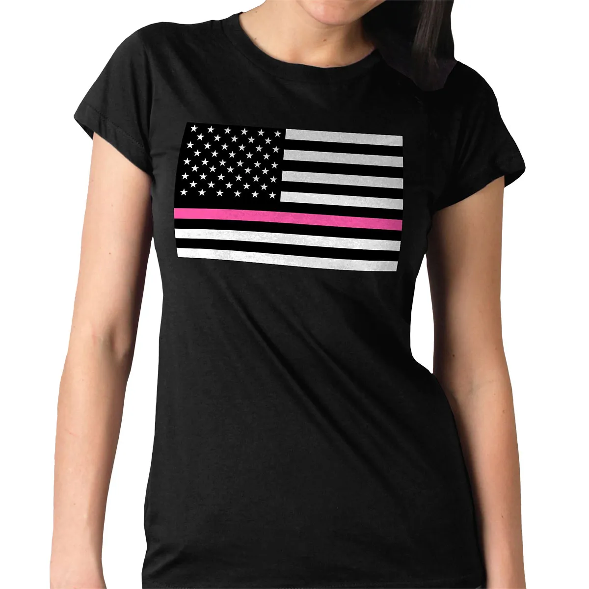 Hot Leathers GLR1515 Ladies Full Cut Thin Pink Line American Flag Black T-Shirt