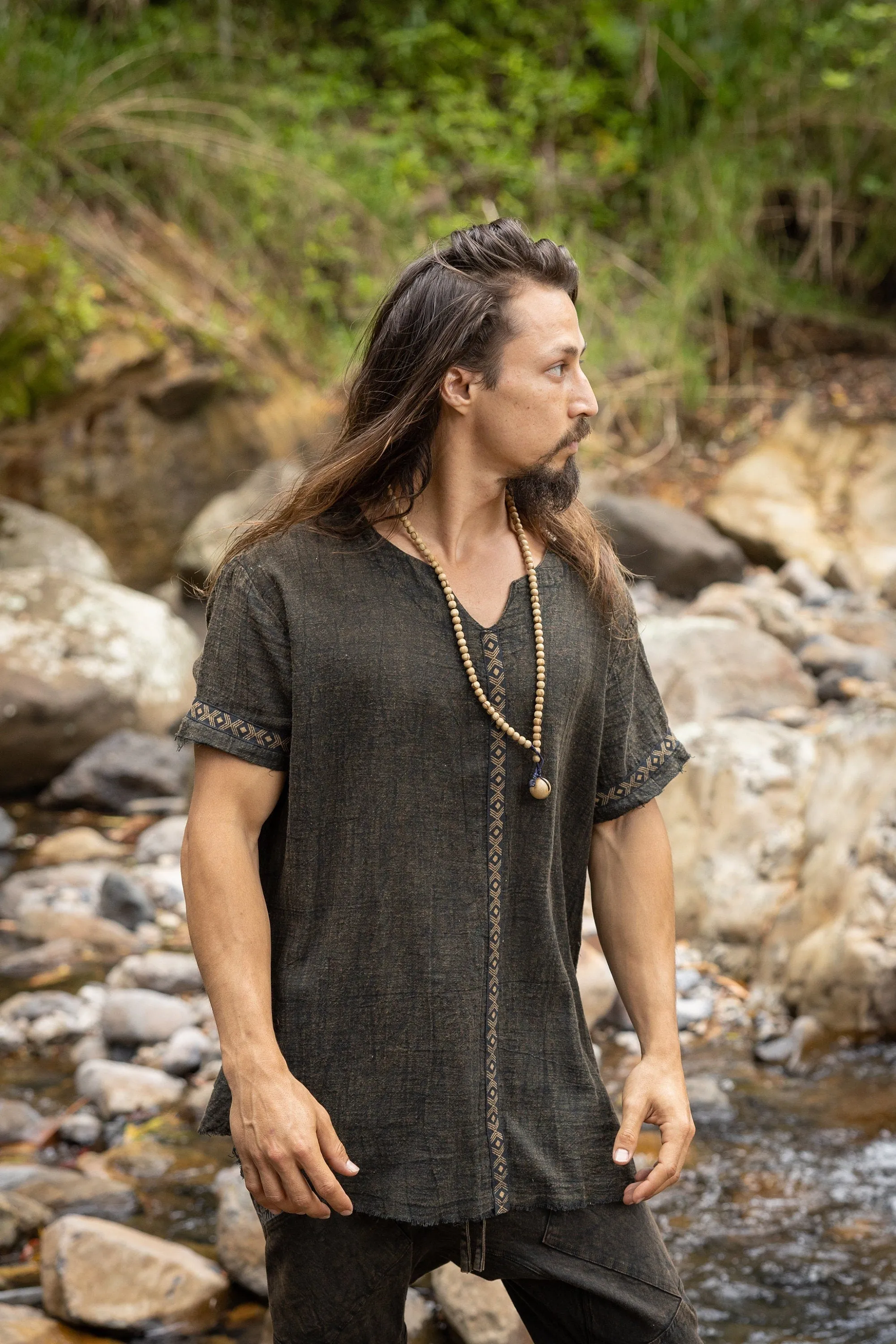 IKRAN Mustard Mens Cotton T Shirt Top Stone Washed Naturally Dyed Tribal Open V Neck Breathable Festival Ceremony Ritual Shaman AJJAYA