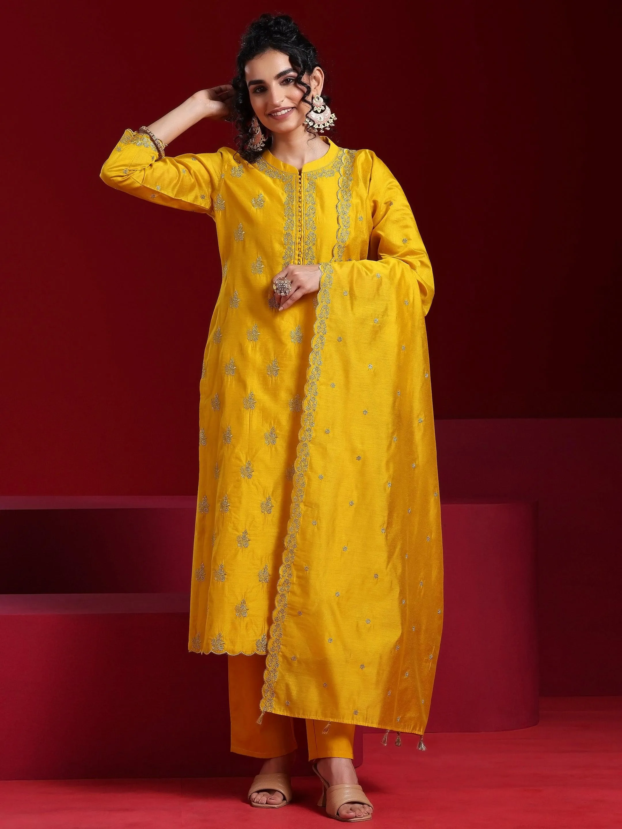 Jashvi Art Mustard Embroidered Chanderi Silk Straight Suit With Dupatta