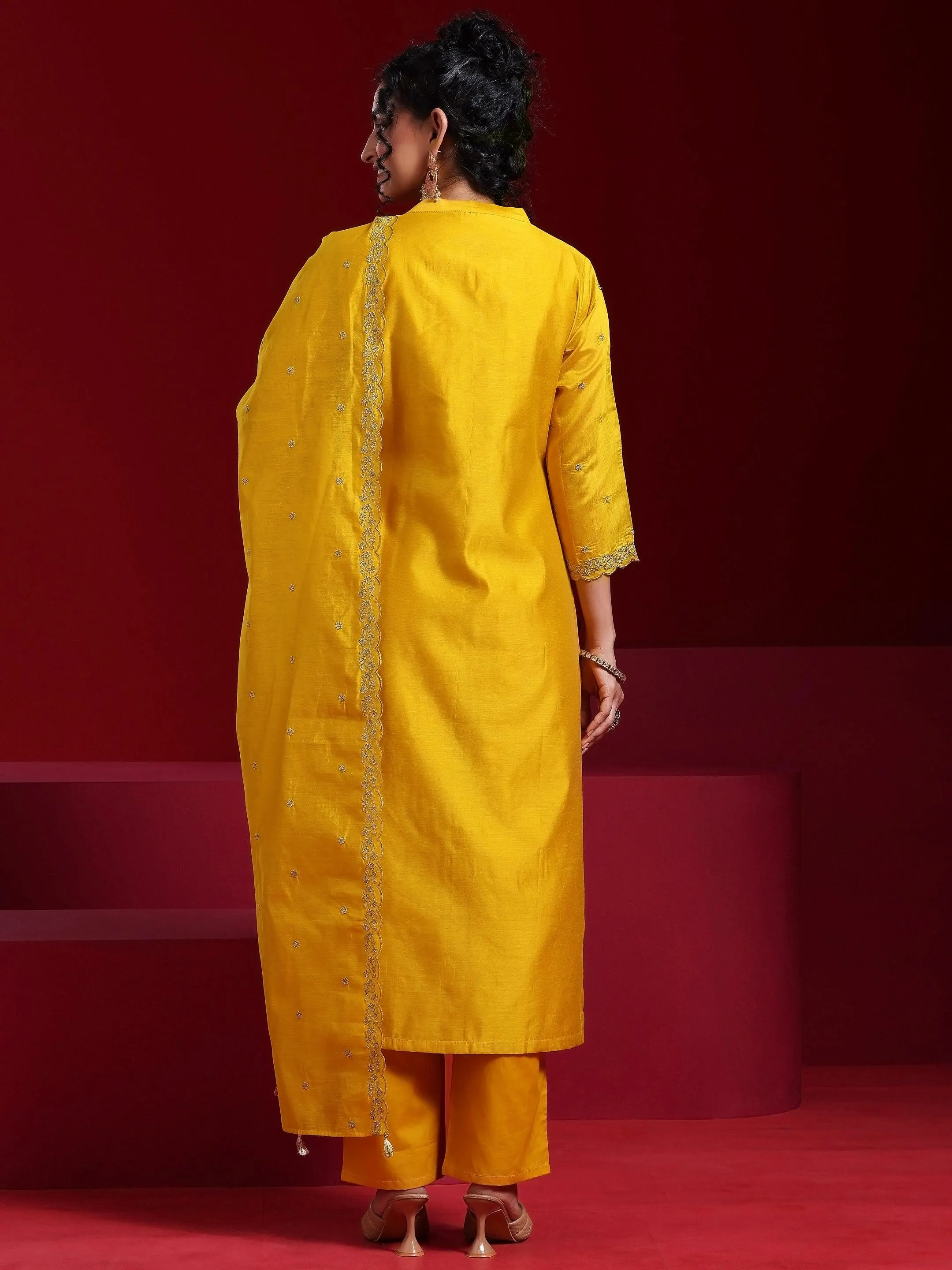 Jashvi Art Mustard Embroidered Chanderi Silk Straight Suit With Dupatta