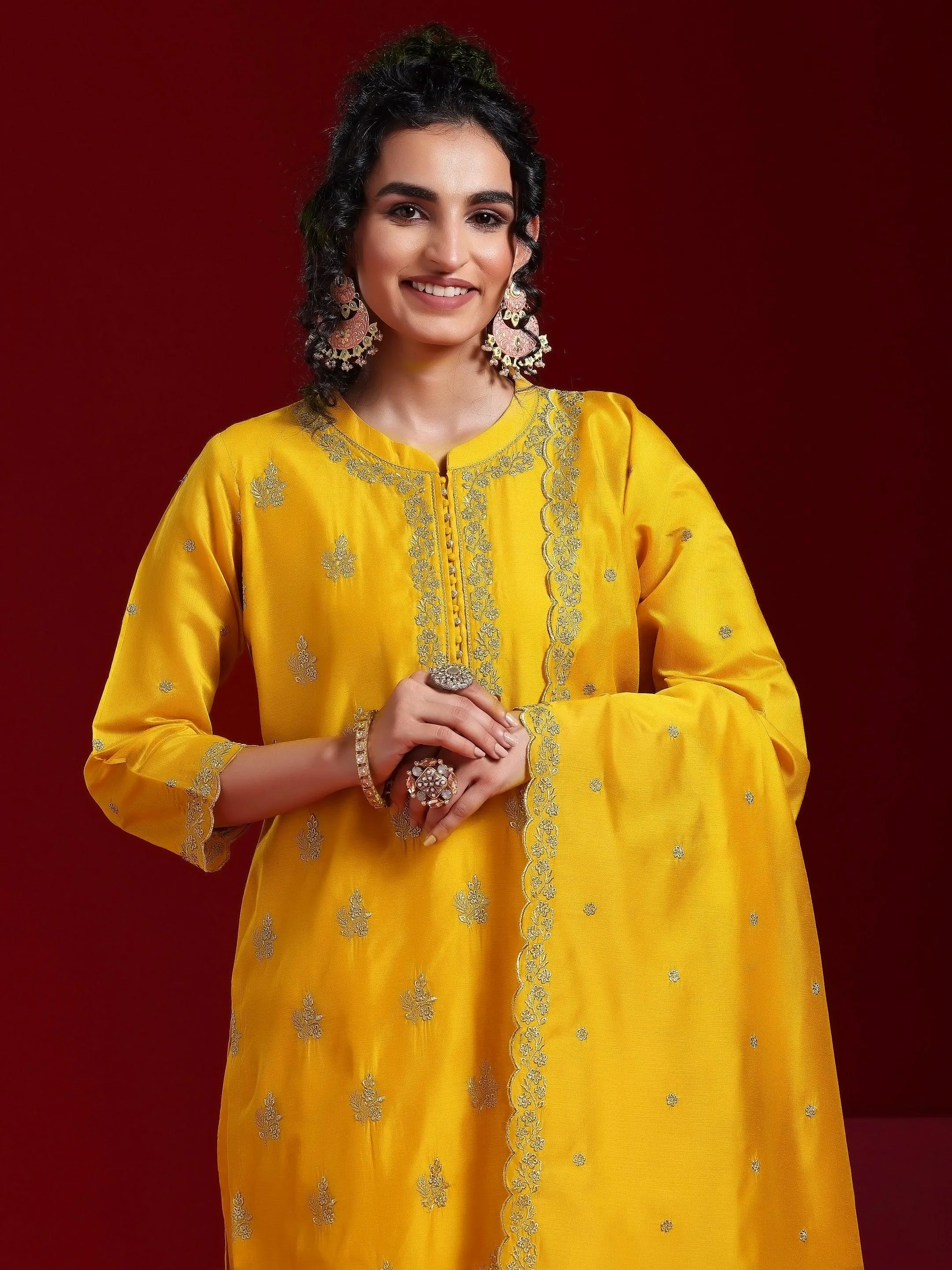 Jashvi Art Mustard Embroidered Chanderi Silk Straight Suit With Dupatta