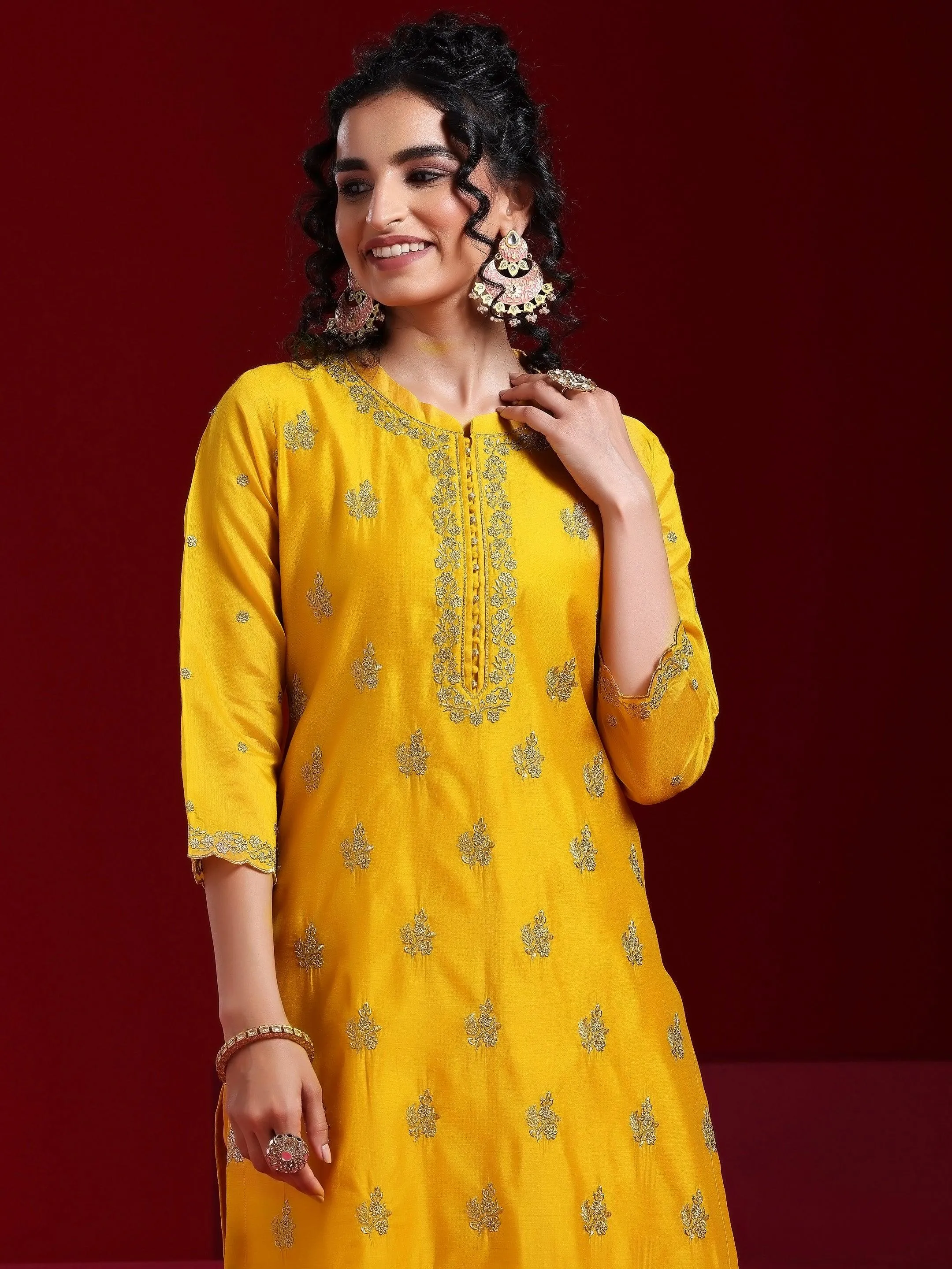 Jashvi Art Mustard Embroidered Chanderi Silk Straight Suit With Dupatta