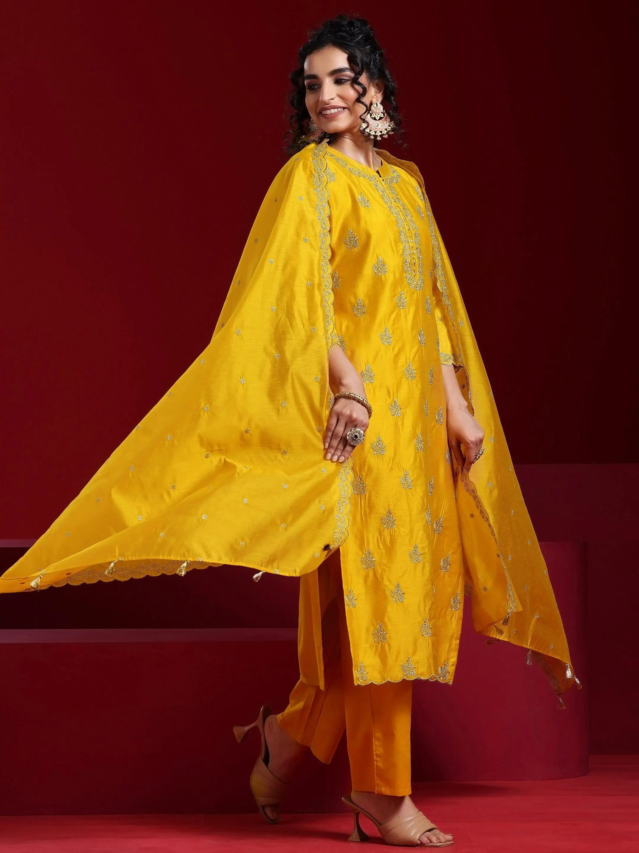 Jashvi Art Mustard Embroidered Chanderi Silk Straight Suit With Dupatta