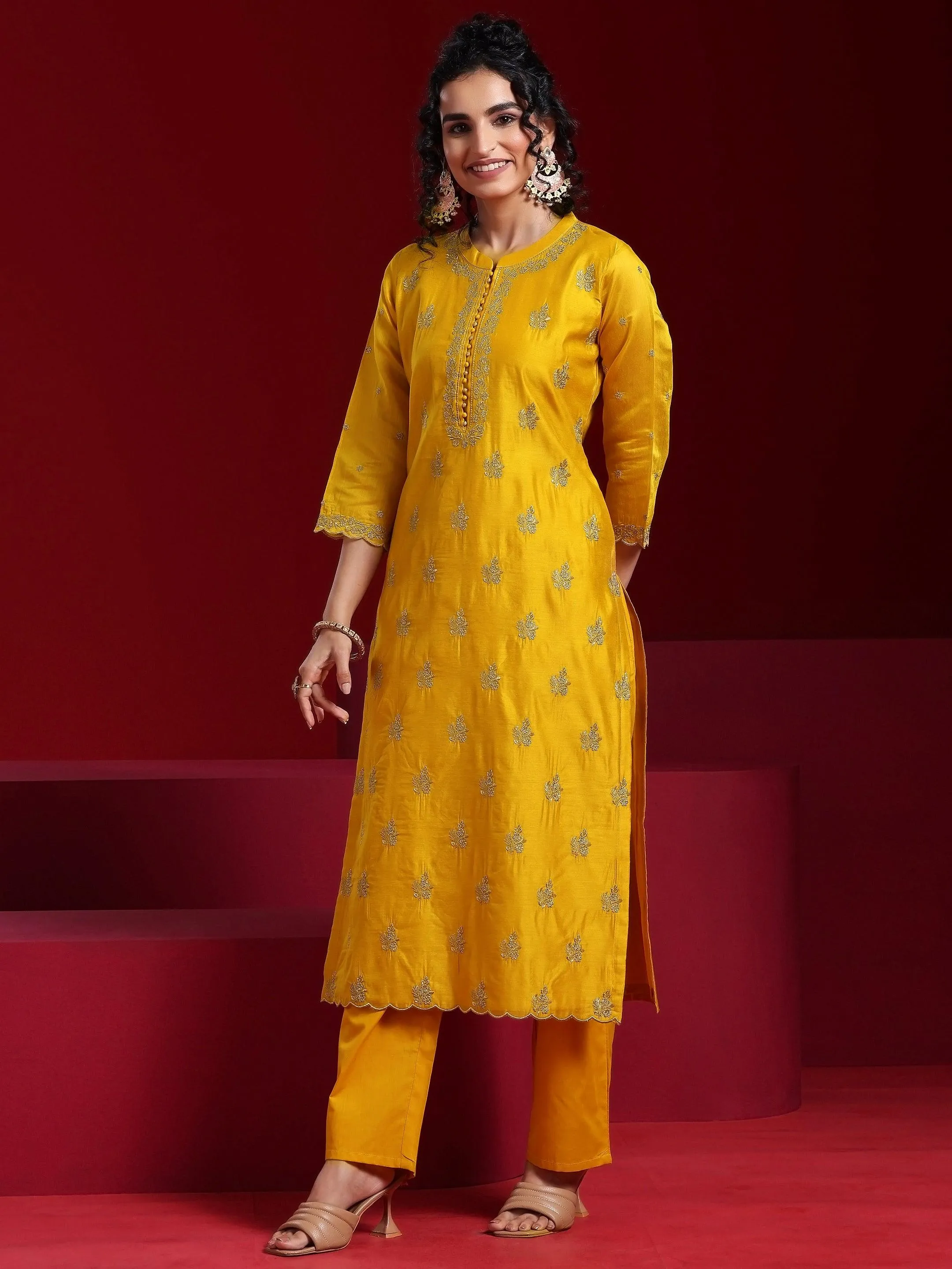 Jashvi Art Mustard Embroidered Chanderi Silk Straight Suit With Dupatta